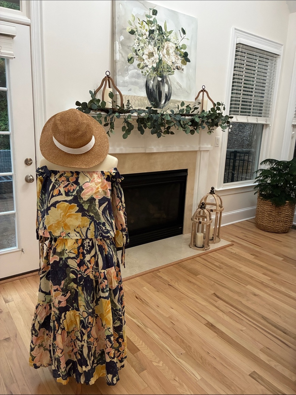Free People Navy Floral Off-Shoulder Lantern Sleeve Maxi Dress